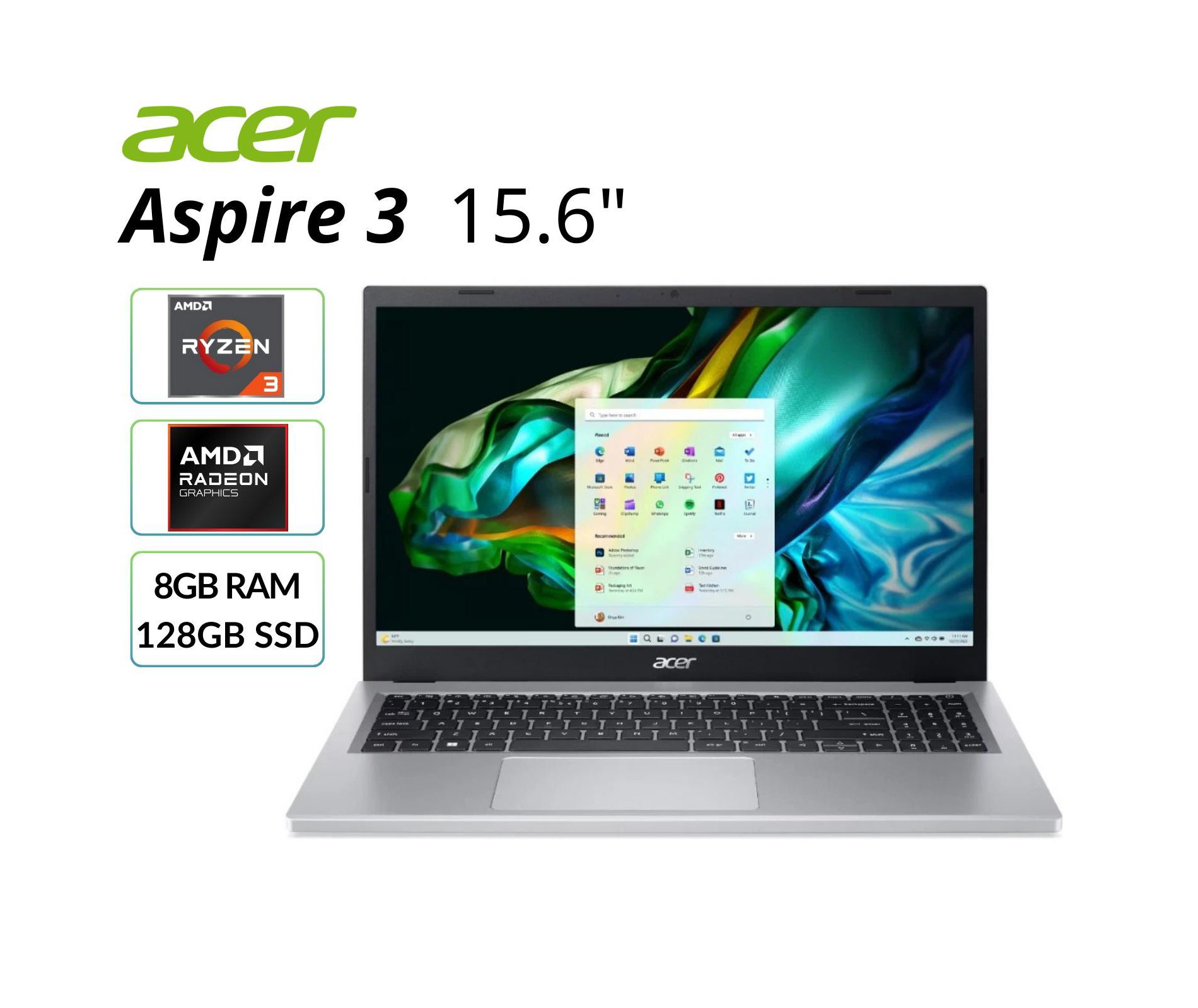 Refurbished Acer Aspire 3 - 15.6" Laptop AMD Ryzen 3 7320U 128GB SSD Windows 11 Home in S Mode - Silver - A315-24P-R7VH - Manufacturer Refurbished