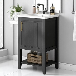 Mshliw 20" Bathroom Vanity with Ceramic Sink, Soft Closing Door, Storage Rack & Open Shelf, MDF & Rubber Wood Freestanding Cabinet - 1 of 4