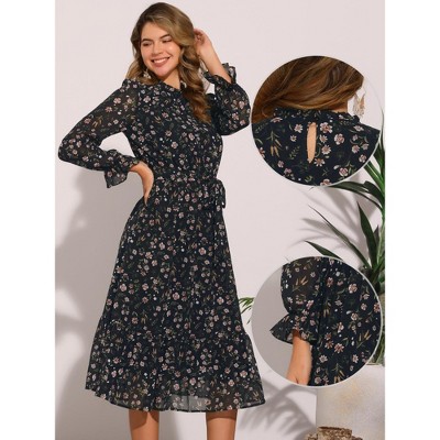 Женские платья INSPIRE CHIC Women's Floral Mock Neck Long Sleeve Elastic Waist Flowy Midi Dress X-Large Black — фото 2