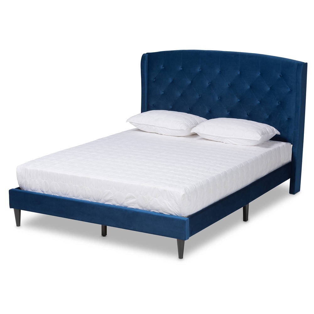Photos - Bed Frame King Joanna Velvet Fabric Upholstered and Wood Platform Bed Navy Blue/Dark