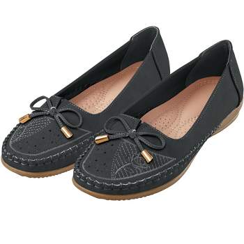 Collections Etc Perforated and Bow Detailed Moccasin-Style Shoes