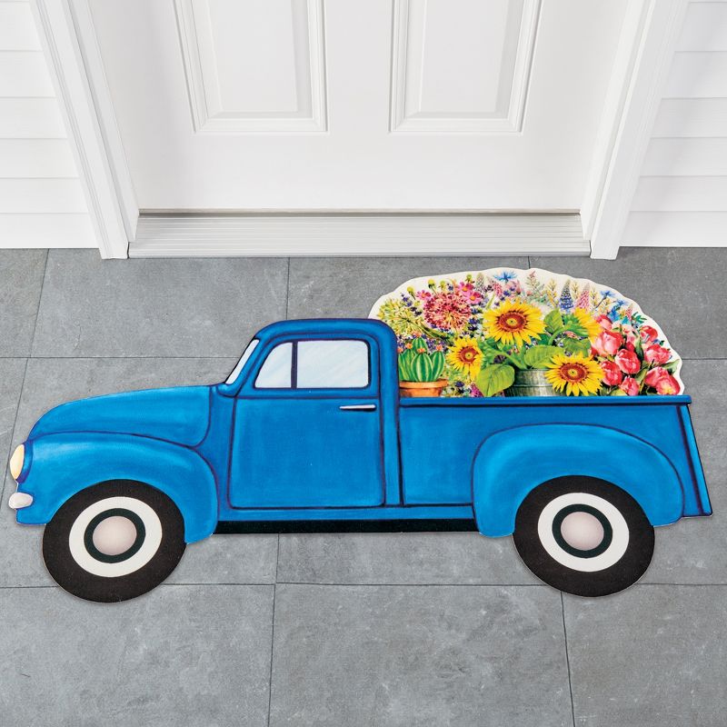 Collections Etc Blue Vintage Pickup Truck Shaped Floral Mat, 3 of 5