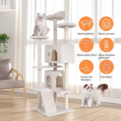 70" Beige Sisal and Faux-Fur Multi-Level Cat Tree Tower