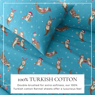 Full Size Otters in Snow Blue Cotton Flannel Sheet Set