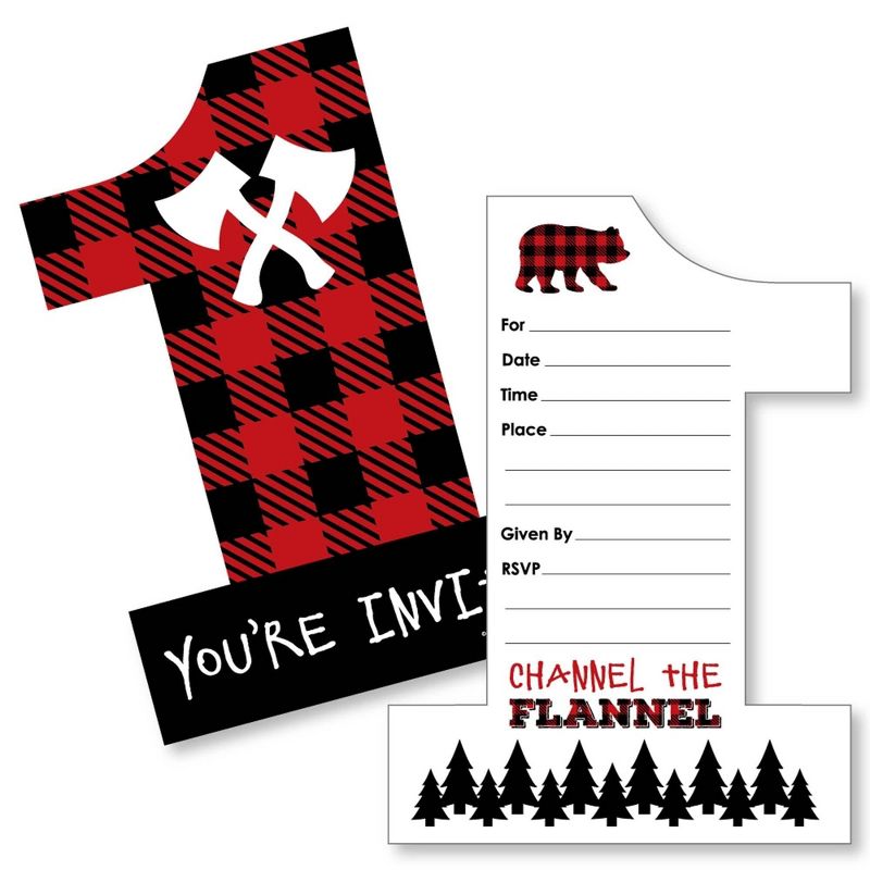 Big Dot of Happiness 1st Birthday Lumberjack - Channel The Flannel - Shaped Fill-in Invites - Birthday Party Invite Cards with Envelopes - Set of 12, 1 of 8