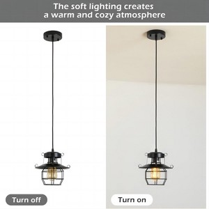 Vintage Farmhouse Pendant Light Rustic Metal Caged Pendant Lights Black Cage Hanging Lamp - 1 of 4