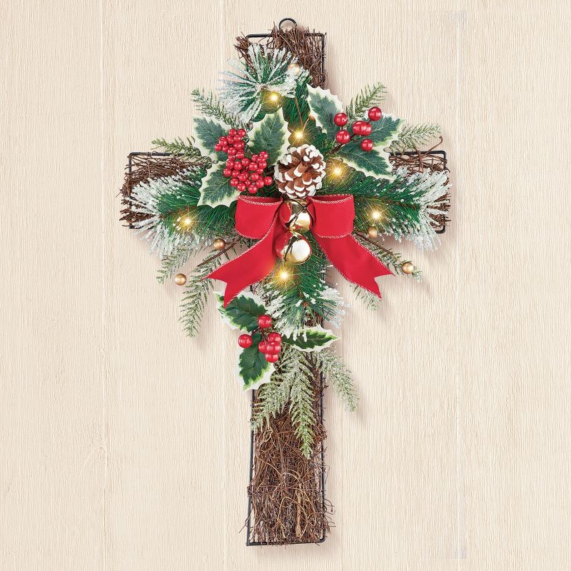 Collections Etc Sparkling LED Lighted Pine and Berries Wall Cross, 2 of 3