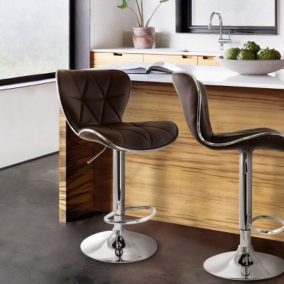 Adjustable Swivel Brown Leather & Chrome Bar Stool Set