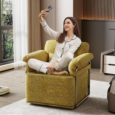 KWPZQEB 360° Swivel Sofa Chair, Modern Accent Chair Comfy Armchair with Pillows & Gold Metal Legs, Upholstered Reading Chair for Living Room