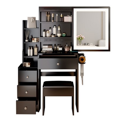 Makeup Vanity, Dressing Table With 4 Drawers & Storage Shelves, Makeup Table With LED Lighted Mirror, 3 Color Modes & Adjustable,  For Bedroom Black