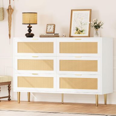 Rattan 6 Drawer Dresser, Wide Double Dresser with Gold Handles & Legs, Modern Chest with Large Storage for Bedroom or Living Room, White