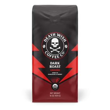 Death Wish Dark Roast Coffee Ground Coffee Fair Trade and Organic - 16oz