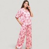 Anna-Kaci Lounge Women's Satin Button-Up Pajama Set with Short Sleeve Notch Collar Top and Wide Leg Pants in Ribbon Print - 3 of 4