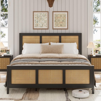 homfan Rattan Bed Frame with Headboard, Boho Cane Platform Bed Frame with Strong Metal Slat, Noise Free, No Box Spring Needed