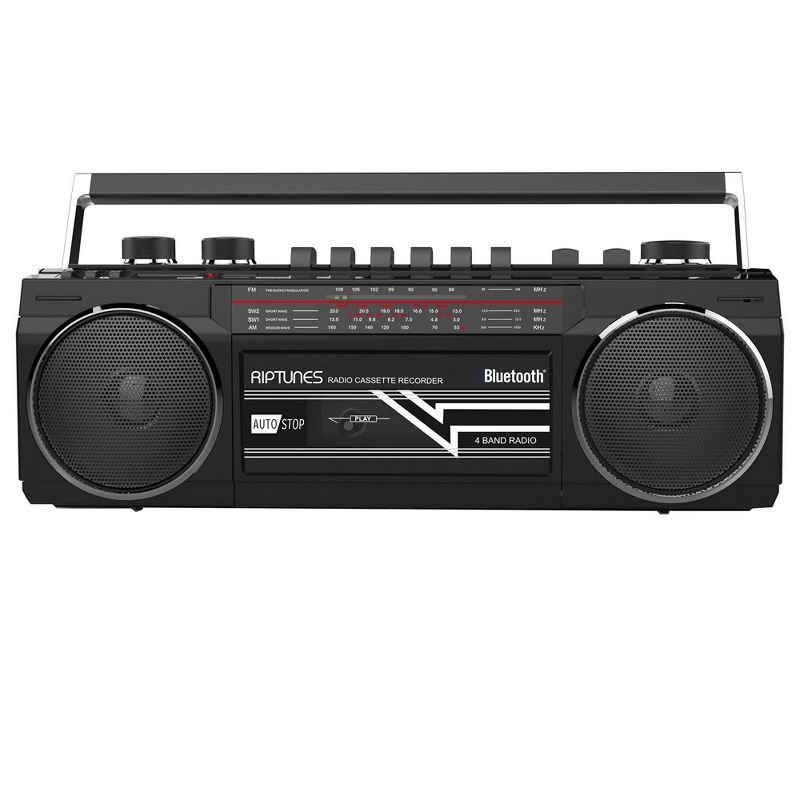 Riptunes Retro AM/FM/SW Radio + Cassette Boombox with Bluetooth and USB/SDHC Playback, Black, 1 of 4