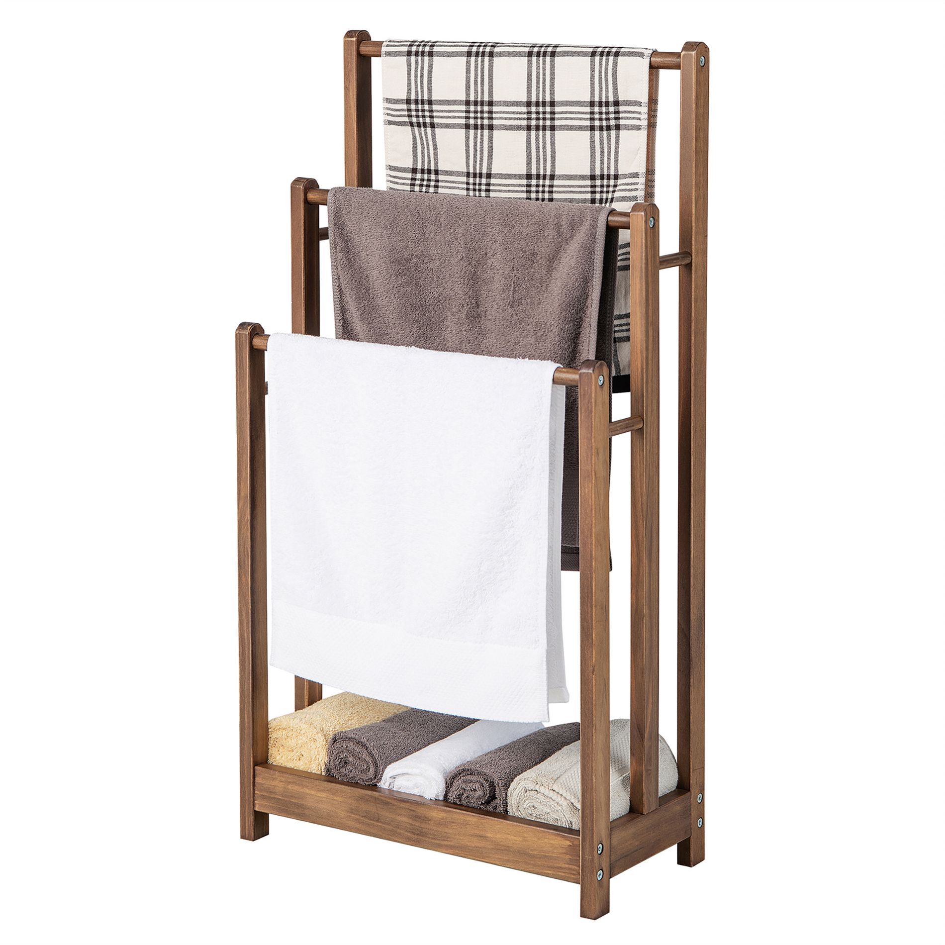 Costway 3-Bar Freestanding Towel Rack w/ Bottom Storage Shelf Anti-toppling Device Rustic Brown