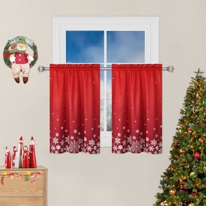 2 Pack Christmas Café Curtains, Holiday Tier Curtains, Rod Pocket Festive Window Panels for Kitchen Bathroom Living Room, Red - 1 of 4