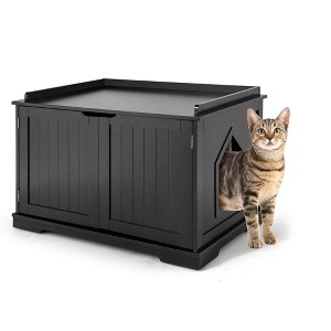 Costway Cat Litter Box Cabinet Furniture Cat Washroom Storage Bench Black - 1 of 4