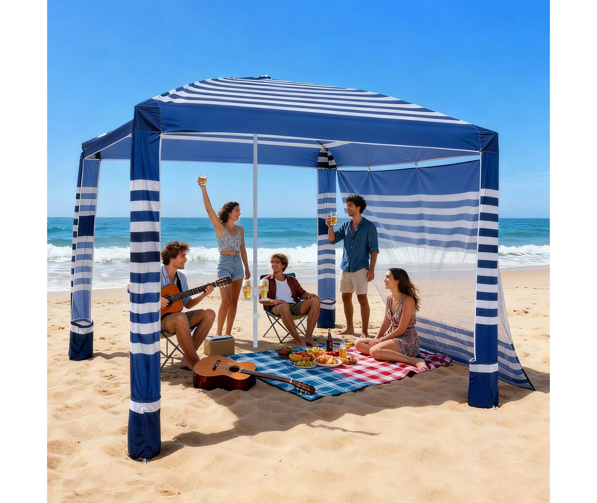 8 x 8 ft Beach Cabana Canopy with Side Wall and Sand Pockets, UPF 50+ Sun Shelter Navy and White