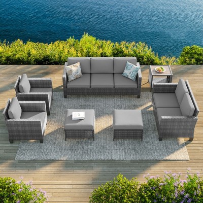 Sonkuki 7 Pieces PE Rattan Furniture Set with Side Table, Patio Chair with Cushion, Ottomans for Lawn, Light Gray