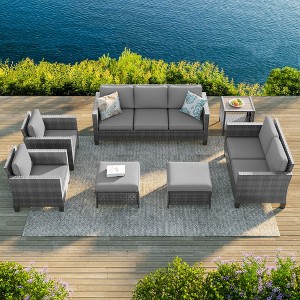 Sonkuki 7 Pieces PE Rattan Furniture Set with Side Table, Patio Chair with Cushion, Ottomans for Lawn, Light Gray - 1 of 4