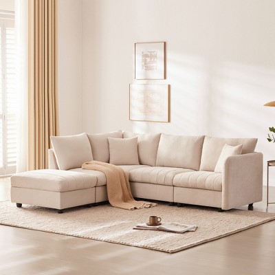 YOOCOZZ Upholstered Sectional Sofa with Movable Ottoman and Vertical Stripe Design
