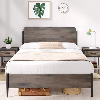 Whizmax Bed Frame with Headboard, Platform Bed Frame with Safe Rounded Corners & Strong Metal Slats Support, Brown