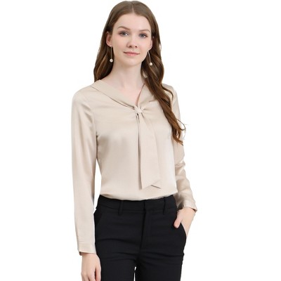 Allegra K Women's Satin Tie Neck Long Sleeve Solid Color Elegant Office ...