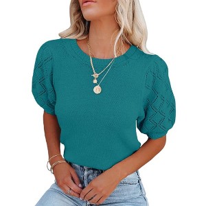 Womens Short Sleeve Lightweight Sweaters Crewneck Knit Pullover Tops with Crochet Sleeve Casual Crochet Blouse Shirt for Spring, Summer - 1 of 4