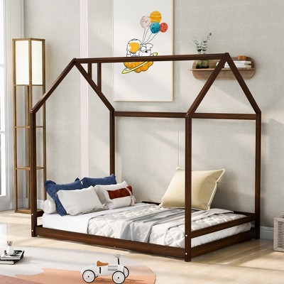 Full Size Wood House Bed with Roof for Kids,Teens