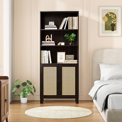YONWAY 5 Tier Freestanding Bookshelf, Rattan Bookcase with Display Shelves and Large Storage Space for Living Room, Office, Study and Bedroom