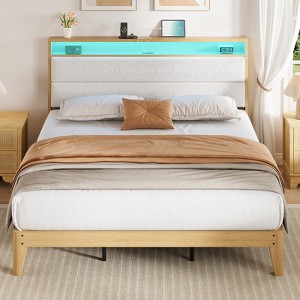 Coucheta Full Size Boucle Bed Frame with Headboard and LED Lights, Upholstered Platform Bed Frame with Charging Station - 1 of 4