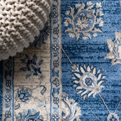 3' x 5' Blue and Ivory Floral Synthetic Rectangular Rug