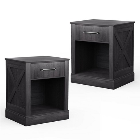 Small Night Stand with Storage Shelf and Drawer, Wood Nightstand for  Bedrooms, Solid Wooden Night Table, Black