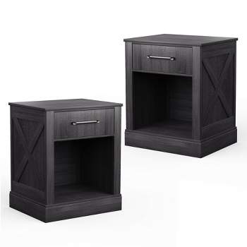 Costway 2PCS Nightstand with Drawer and Shelf Rustic Wooden Bedside Table Bedroom Brown / Natural / Black