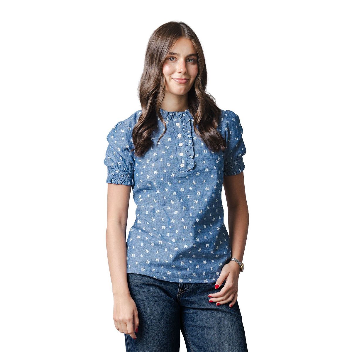 Hope & Henry Organic Chambray Puff Sleeve Top, Adult