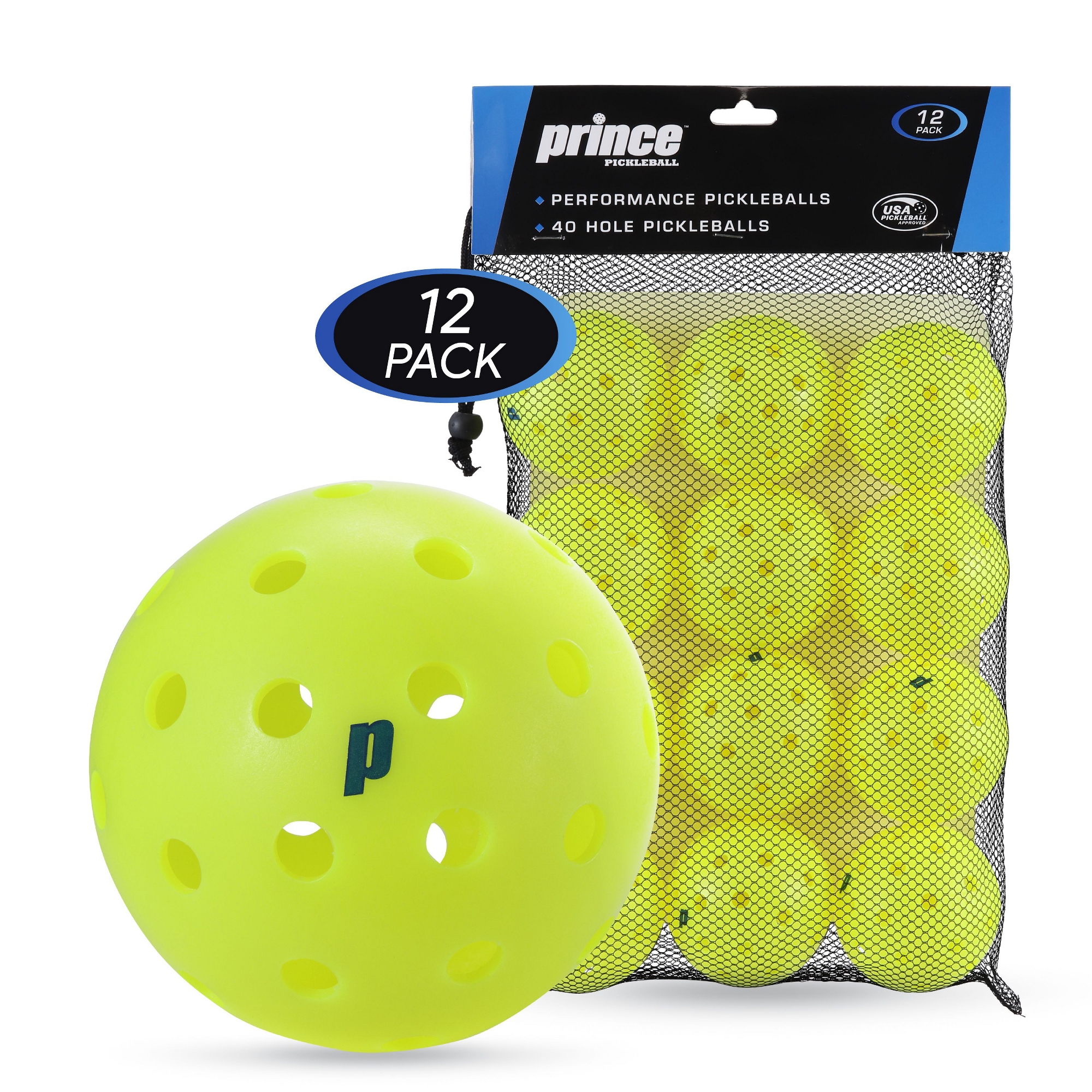 Prince Pickleballs 12-Pack - Durable, High-Performance Balls with 40-Hole Pattern for Outdoor Play