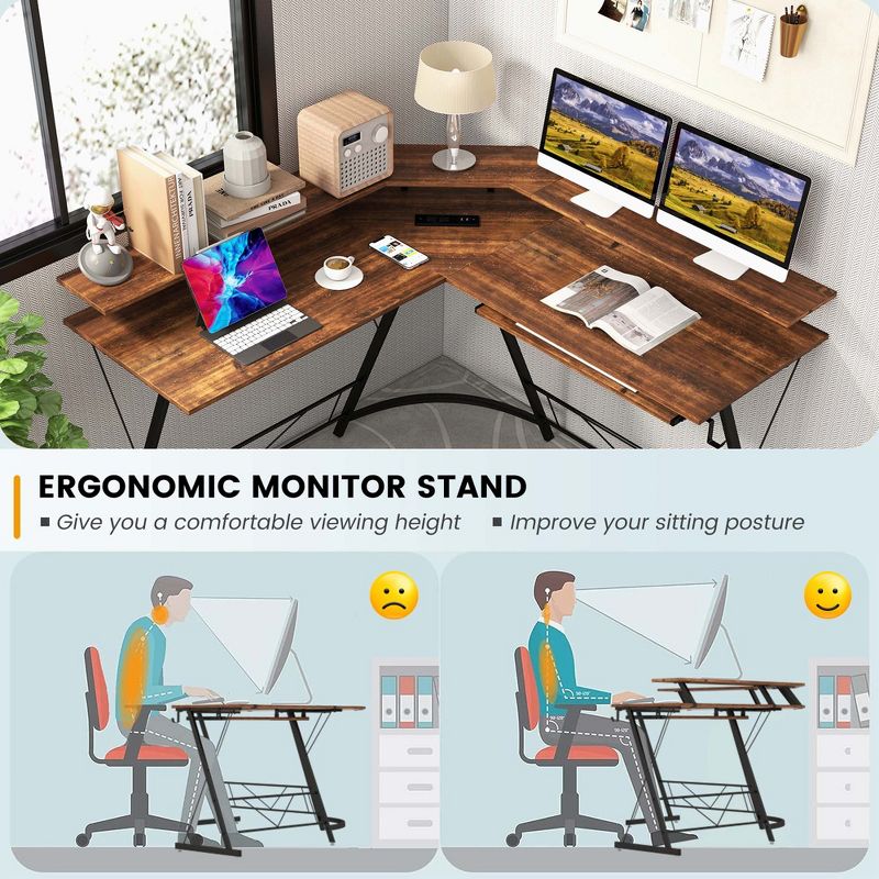 Costway L-shaped Computer Desk with Power Outlet 51" Corner Computer Workstation Rustic Brown/Black, 5 of 11