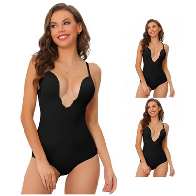 INSPIRE CHIC Women's U Plunge Leotard Jumpsuit Top Tummy Control Built-in Bra Full Shapewear Bodysuit 3 Packs