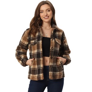 INSPIRE CHIC Women's Faux Fleece Button Down Casual Warm Plaid Jackets - 1 of 4