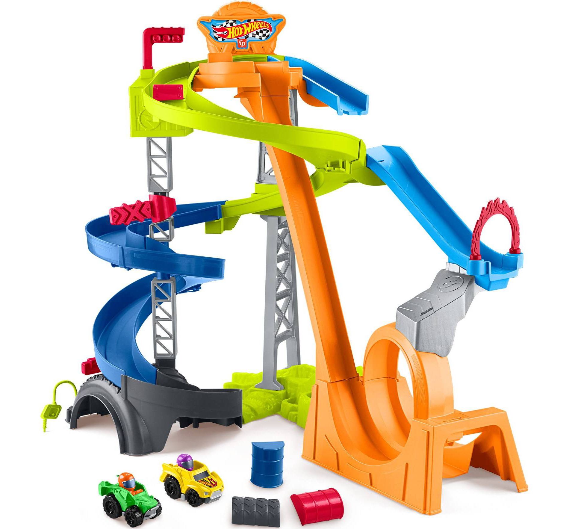 Fisher-Price Little People Hot Wheels Spiral Stunt Speedway Toddler Race Track Playset 2 Toy Cars