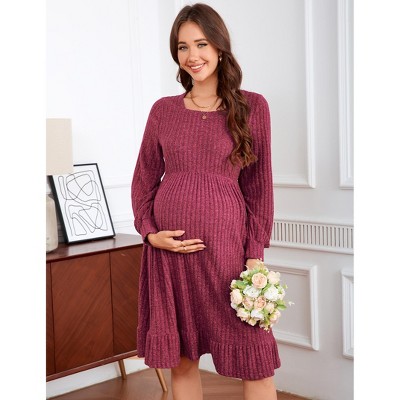 Maternity Sweater Dress Square Neck Lantern Long Sleeve Ribbed Knit Baby Shower Dress Photoshoot