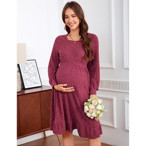 Maternity Sweater Dress Square Neck Lantern Long Sleeve Ribbed Knit Baby Shower Dress Photoshoot - 1 of 4