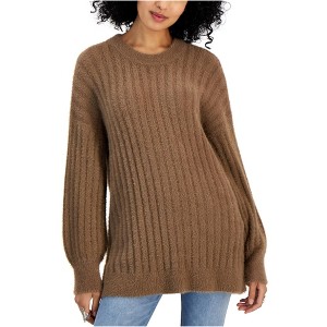 Hippie Rose Womens Ribbed-Knit Eyelash Pullover Sweater, Brown, Large - 1 of 3