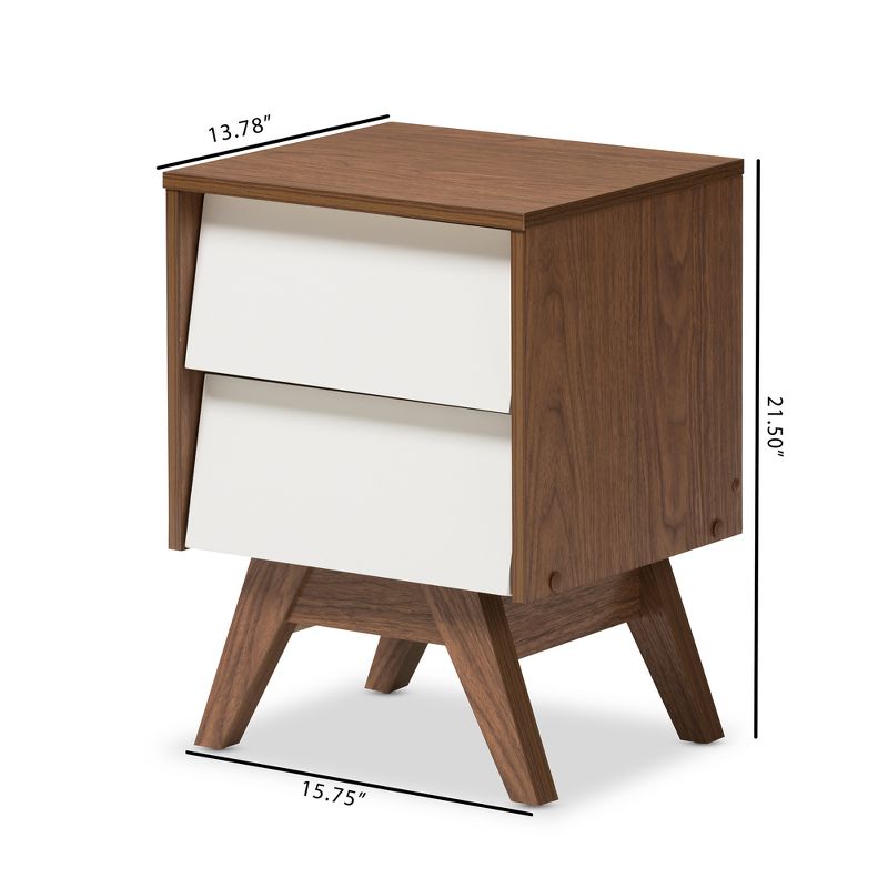Hildon Mid - Century Modern Wood 2 - Drawer Storage Nightstand - White, "Walnut" Brown - Baxton Studio, 6 of 9