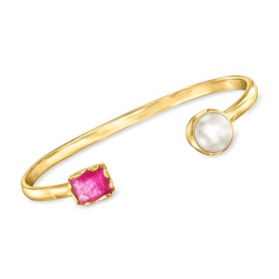 Ross-Simons 10-10.5mm Cultured Pearl and 2.10 Carat Pink Quartz Cuff Bracelet in 18kt Gold Over Sterling Size 7