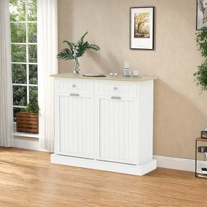20 Gallons Tilt Out Trash Cabinet, 2 Door Wood Garbage Recycling Cabinet with Hideaway Drawer, Pet Proof Trash Can Holder for Kitchen Living Room - 1 of 4
