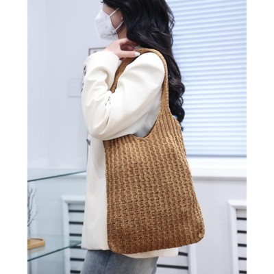 FATMOON Handmade Crochet Shoulder Bag for Women, Foldable and Lightweight Polyester Tote, Stylish & Practical Travel Purse - Brown