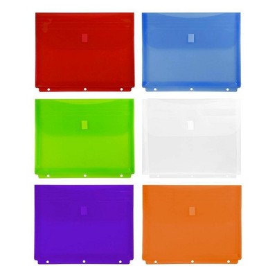 JAM Paper 9 1/2'' x 1 1/4'' x 11 1/2'' 6pk Plastic Binder Envelopes with Easy Closure, 3 Hole Punch