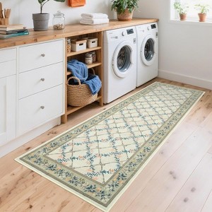 Washable Runner Rug - Modern Floral Vine Non-Slip Kitchen Entryway Carpet Stain Resistant Low Pile Floor Cover for Bathroom - 1 of 4